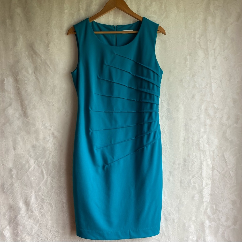 Calvin Klein Dress Teal Green Blue Sheath Pleated Career Flattering Women’s 8